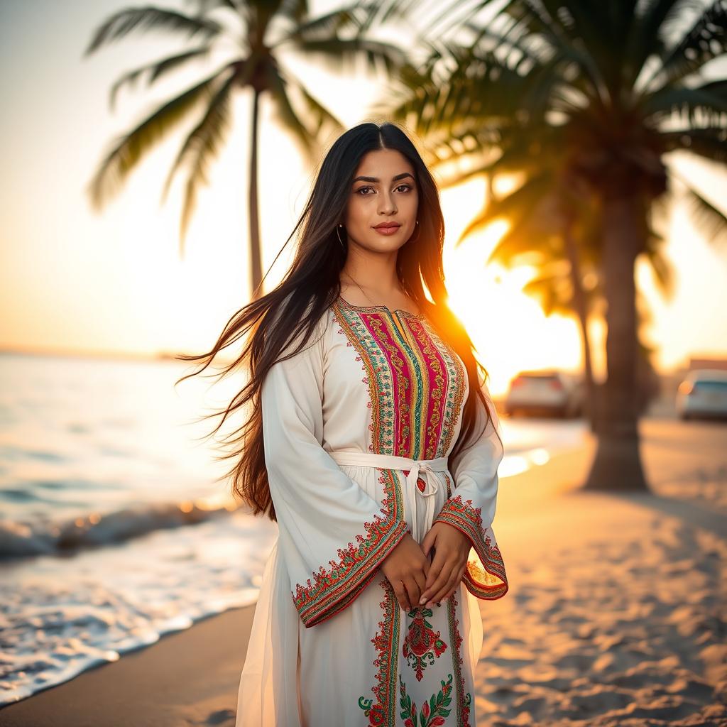 A beautiful Iranian woman wearing a traditional Persian dress, standing on the beach in Kish Island, Iran