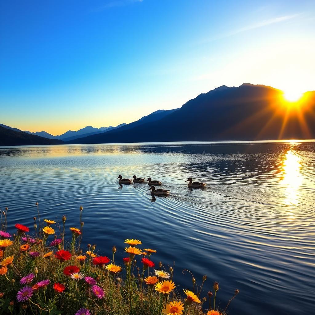 A majestic, serene landscape featuring a tranquil lake surrounded by lush mountains under a clear blue sky