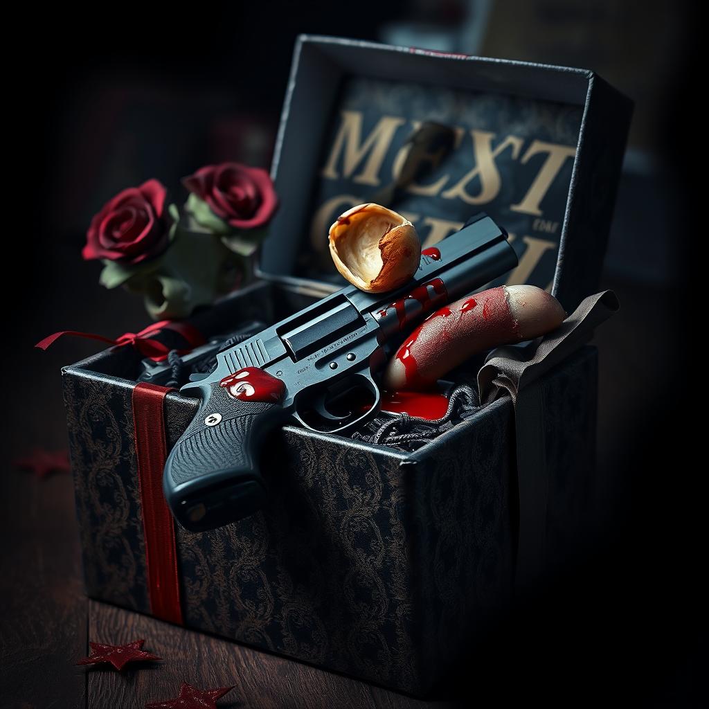 A menacing gift box adorned with dark, threatening decorations, revealed to contain a gun with a severed ear and a severed finger, blood oozing from the gruesome items, creating a chilling and macabre atmosphere