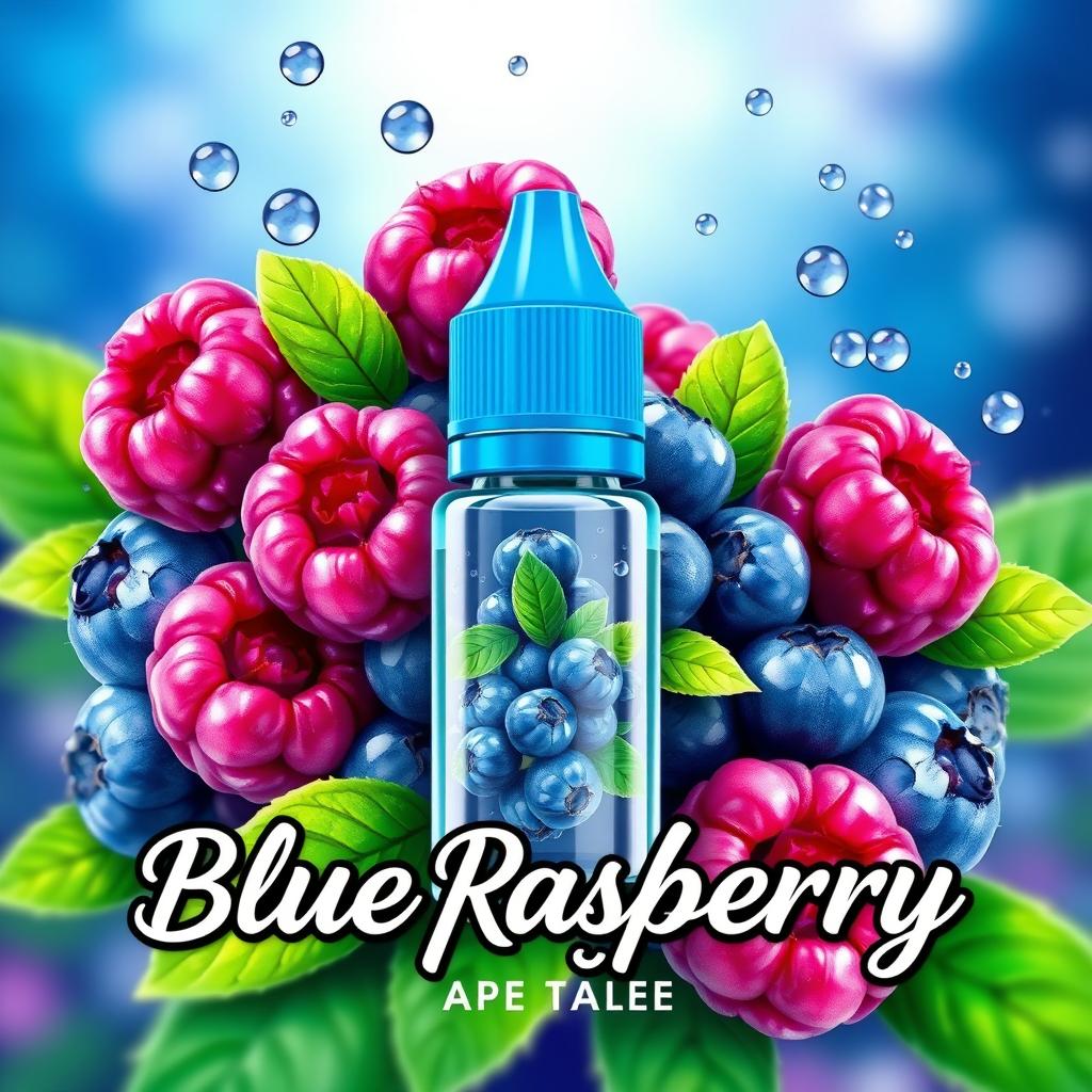 A vibrant poster design featuring a visually striking blue raspberry vape liquid