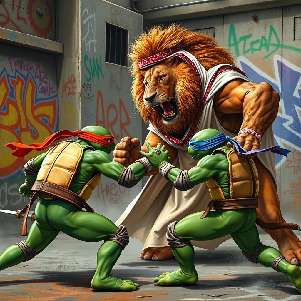 Teenage Mutant Ninja Turtles engaged in an epic battle against a lion wearing traditional Arab attire, showcasing a vibrant and dynamic scene