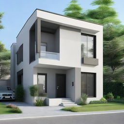 A duplex house with dimensions of 35 by 32 square feet, painted in a light color combination of black, gray, and light gray.