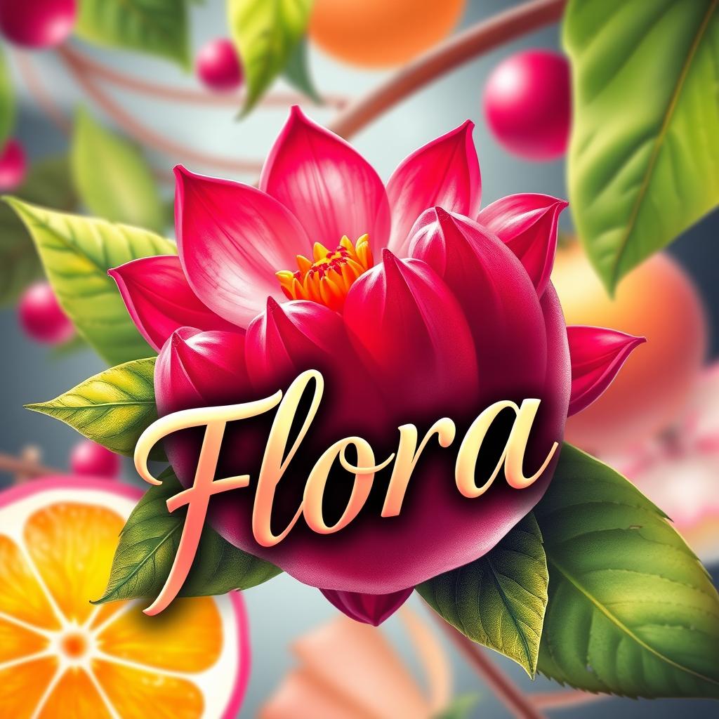 A beautiful poster design featuring the fruit Flora, prominently displayed in an artistic and appealing way