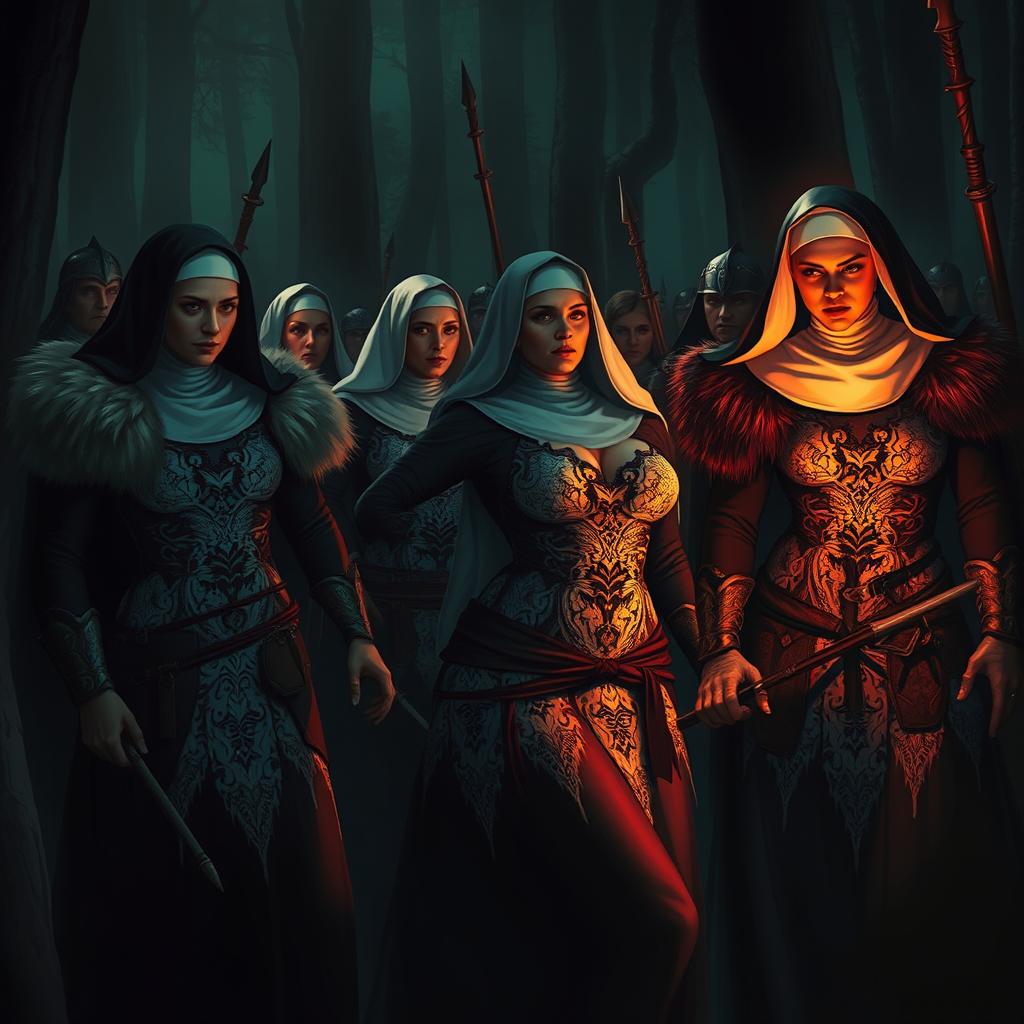 A dramatic scene depicting a fierce Viking war band in a dark, shadowy forest, showcasing curvy nuns dressed in intricate lace outfits that blend elements of light and darkness