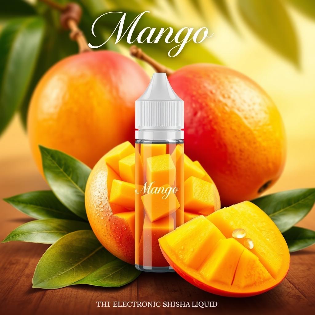 A vibrant and attractive poster design featuring mango fruit prominently displayed as the highlight of an electronic shisha liquid product