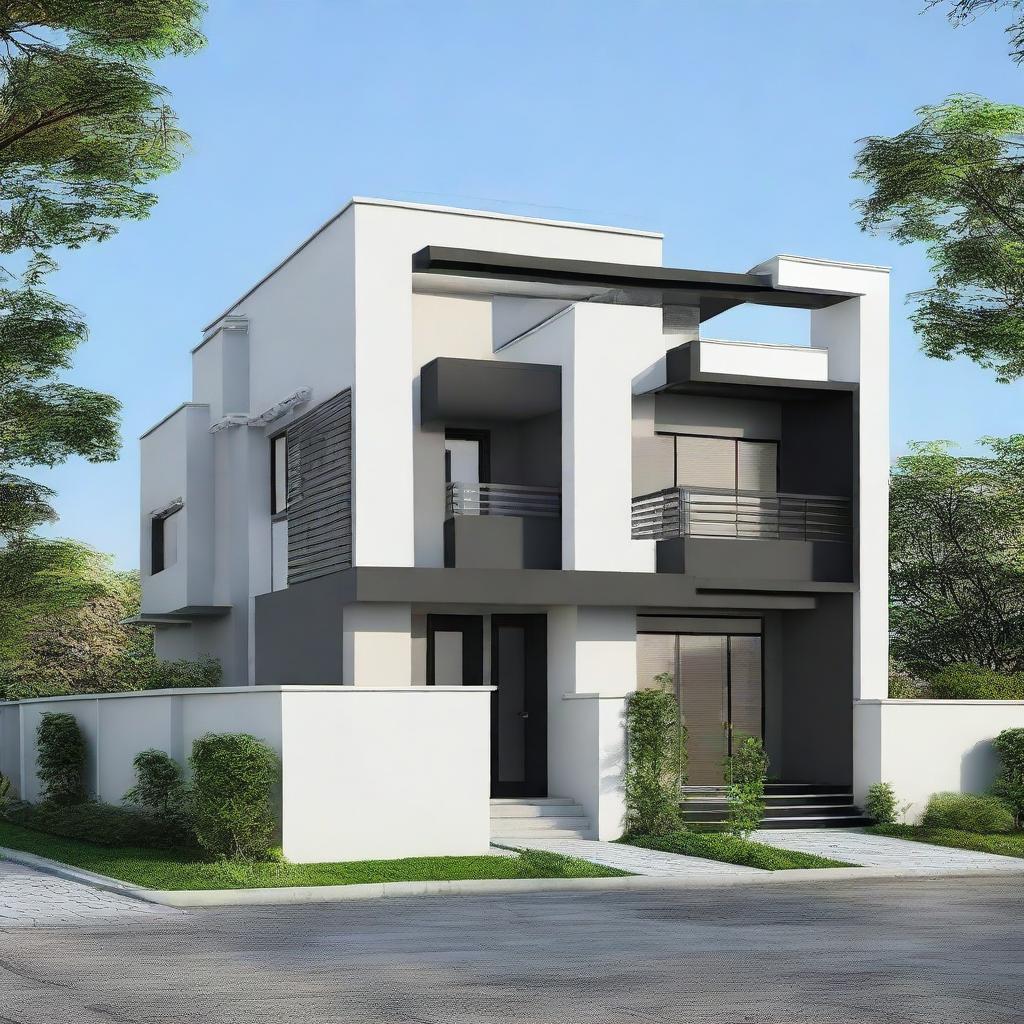 A duplex house with dimensions of 35 by 32 square feet, painted in a light color combination of black, gray, and light gray.