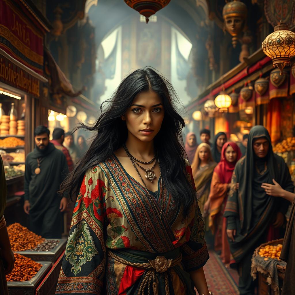 A dramatic scene in an oriental marketplace, depicting a woman being sold as a slave