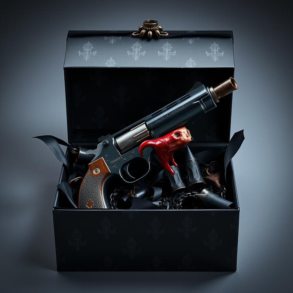 A menacing gift box containing a visually striking and frightening weapon, specifically a gun with a severed ear attached