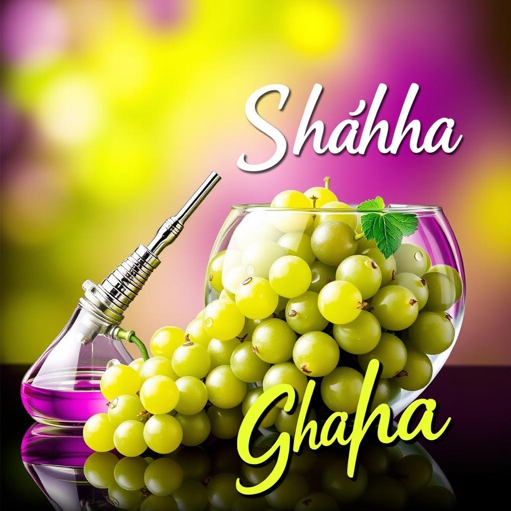 A vibrant and colorful poster featuring shisha (hookah) liquid infused with lush green grapes