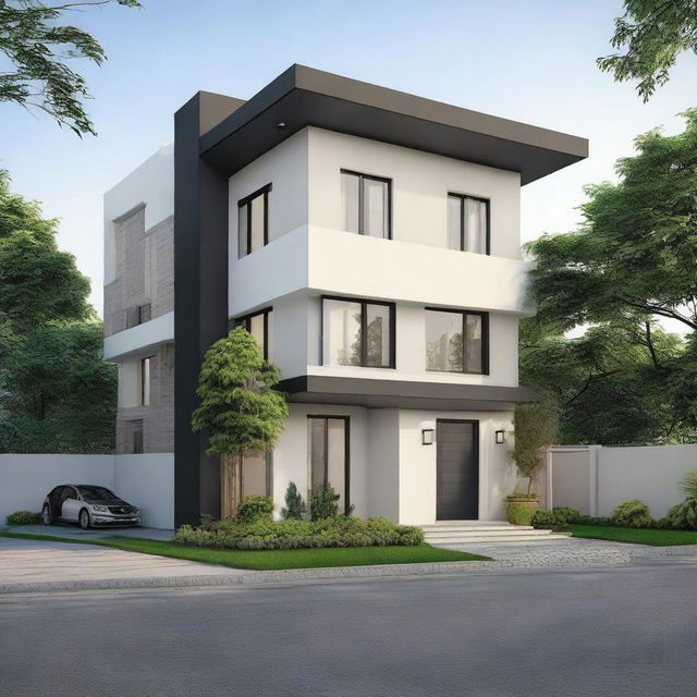 A duplex house with dimensions of 35 by 32 square feet, painted in a light color combination of black, gray, and light gray.