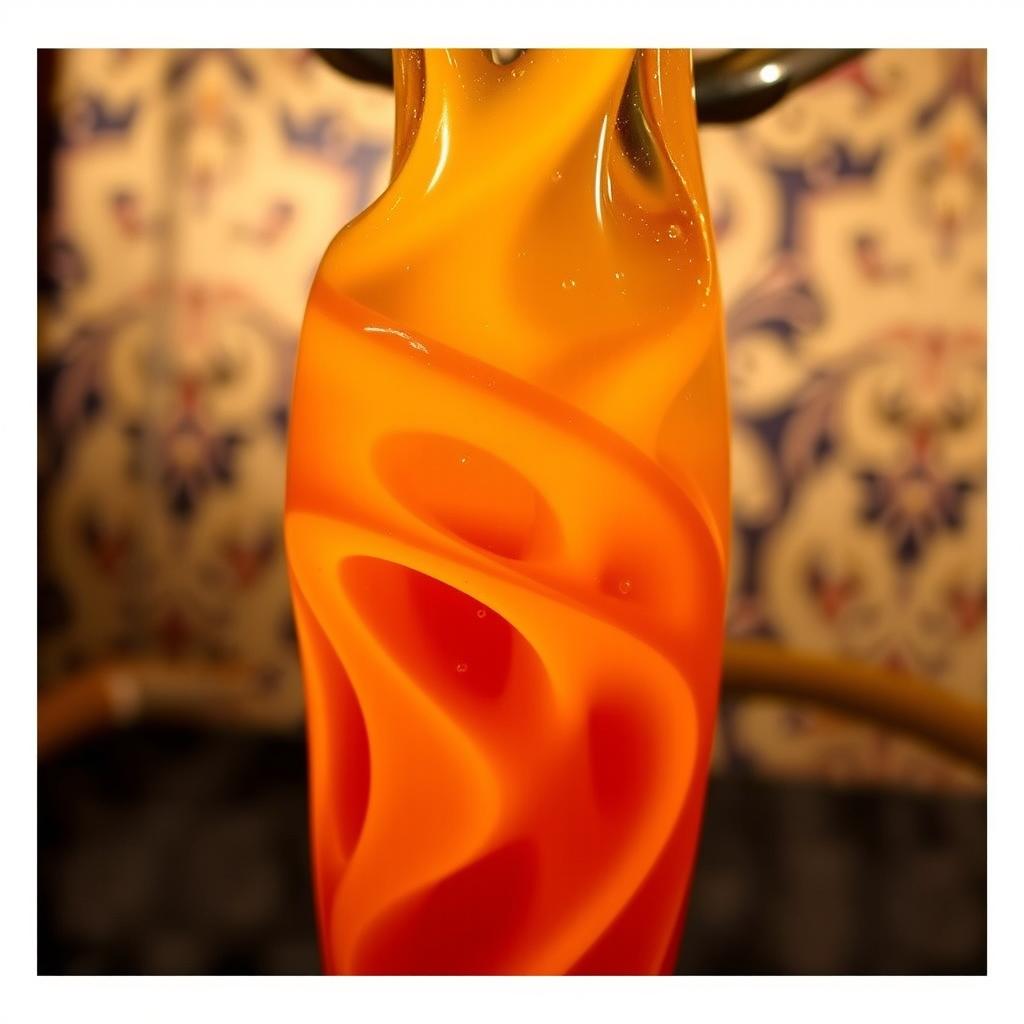 A vibrant, close-up image of tropical caramel shisha liquid, showcasing rich golden and amber hues blending together