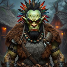 A full body depiction of a male half-orc shaman in a Dungeon and Dragons style