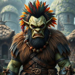 A full body depiction of a male half-orc shaman in a Dungeon and Dragons style