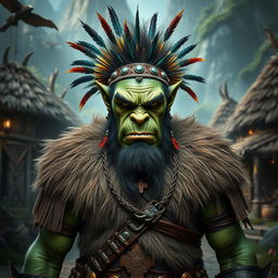 A full body depiction of a male half-orc shaman in a Dungeon and Dragons style