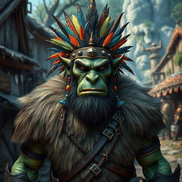 A full body depiction of a male half-orc shaman in a Dungeon and Dragons style