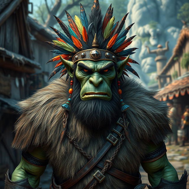 A full body depiction of a male half-orc shaman in a Dungeon and Dragons style