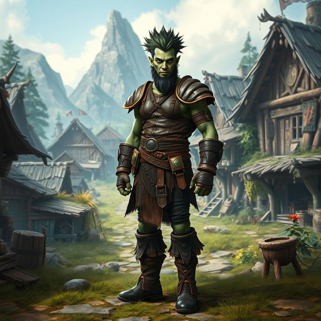 A full body view of a male half-orc shaman standing confidently in front of a wild village