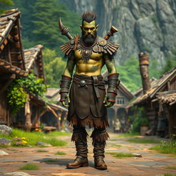 A full body view of a male half-orc shaman standing confidently in front of a wild village