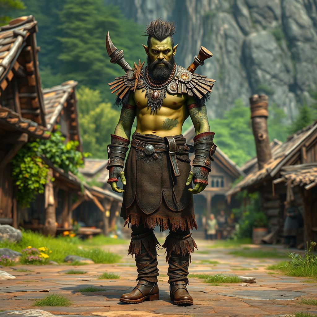 A full body view of a male half-orc shaman standing confidently in front of a wild village
