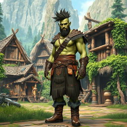 A full body view of a male half-orc shaman standing confidently in front of a wild village