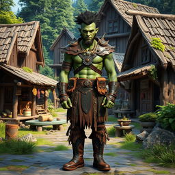 A full body view of a male half-orc shaman standing confidently in front of a wild village