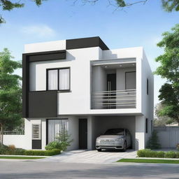 A duplex house with dimensions of 35 by 32 square feet, painted in a light color combination of black, gray, and light gray.