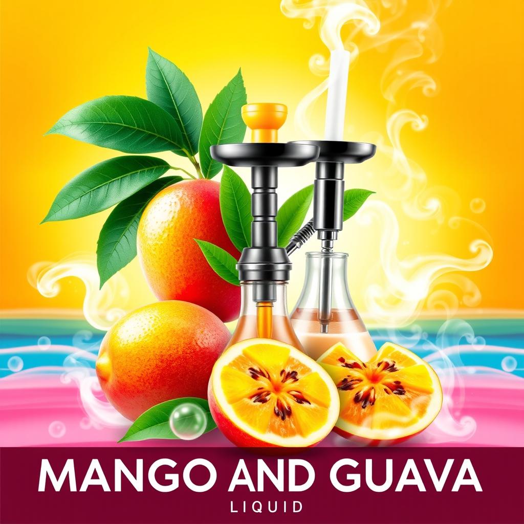 A vibrant and colorful poster showcasing mango and guava shisha liquid