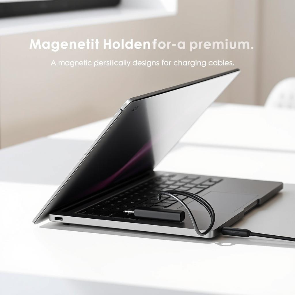 A sleek, modern laptop prominently displayed, featuring a unique design element: a magnetic holder attached to the bottom specifically designed for charging cables