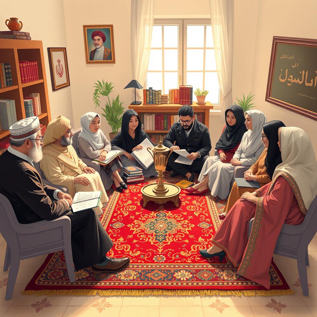 An artistic representation of Iranian educators engaging in a cultural discussion while seated around a beautiful Persian rug