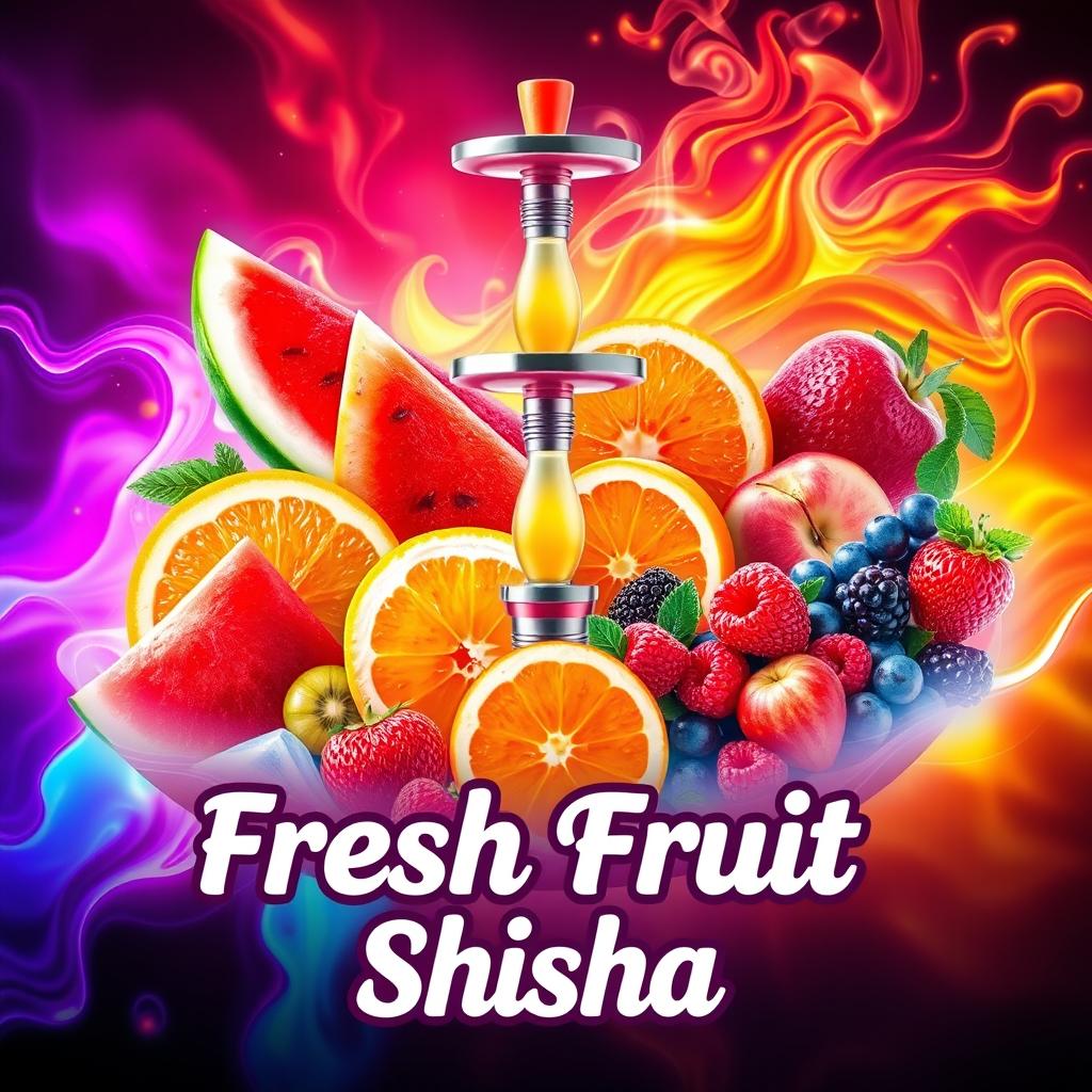 A vibrant poster showcasing an array of fresh fruits used for shisha, including colorful slices of watermelon, oranges, apples, and berries, all artistically arranged