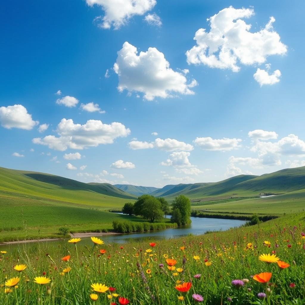 A serene background wallpaper featuring a calm landscape with rolling hills under a clear blue sky scattered with fluffy white clouds