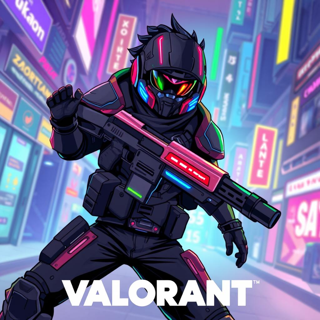 A vibrant and dynamic illustration inspired by the game Valorant, featuring a stylish character in tactical gear, engaged in an action pose