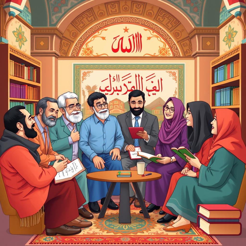 A vibrant and engaging digital illustration representing an Iranian teachers' cultural group