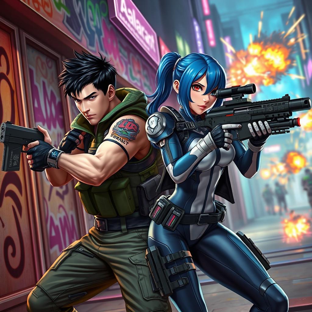 A dynamic action scene inspired by the tactical shooter game Valorant, featuring a male and female character equipped with high-tech weapons and tactical gear, poised in a vibrant urban environment with graffiti-covered walls and neon lights