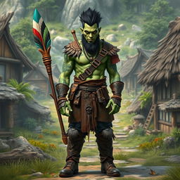 A full body portrait of a male half-orc shaman with greenish skin, standing confidently in front view