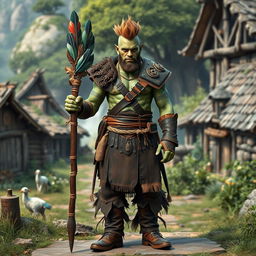 A full body portrait of a male half-orc shaman with greenish skin, standing confidently in front view