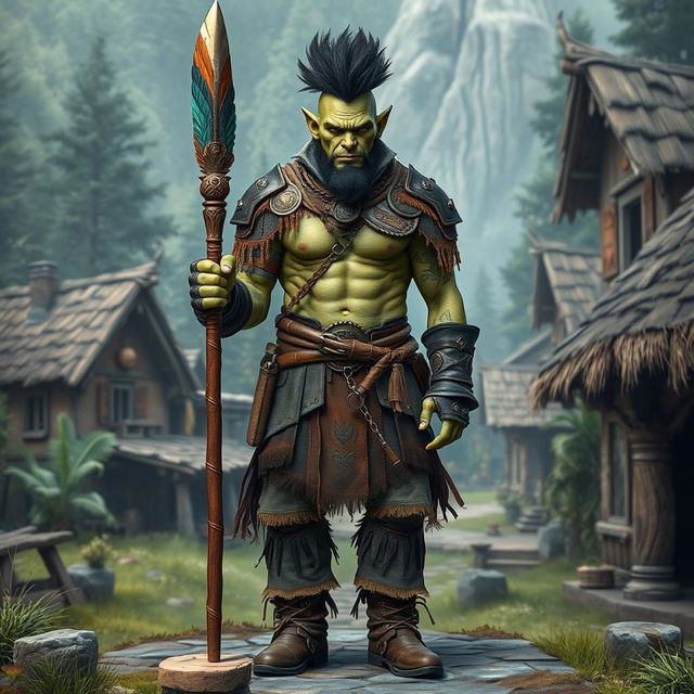 A full body portrait of a male half-orc shaman with greenish skin, standing confidently in front view