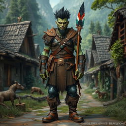 A full body portrait of a male half-orc shaman with greenish skin, standing confidently in front view
