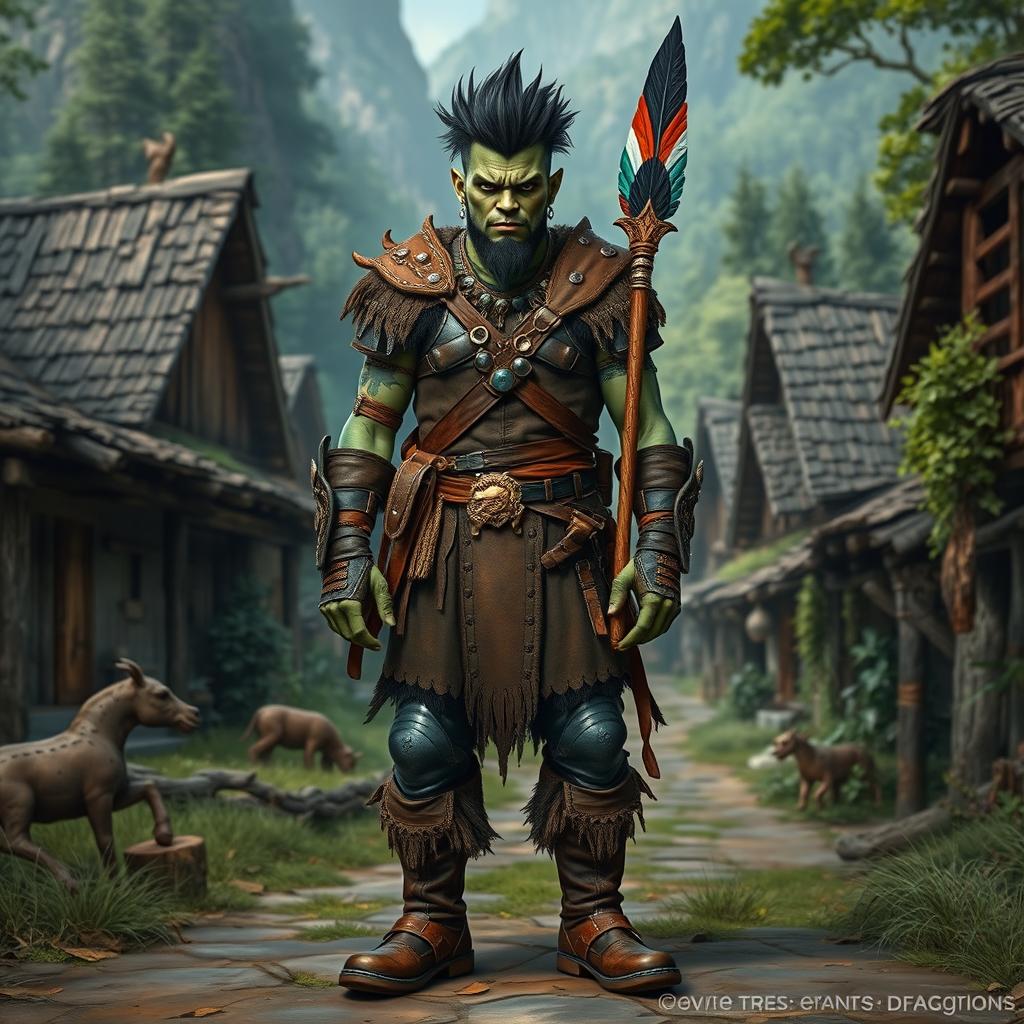 A full body portrait of a male half-orc shaman with greenish skin, standing confidently in front view
