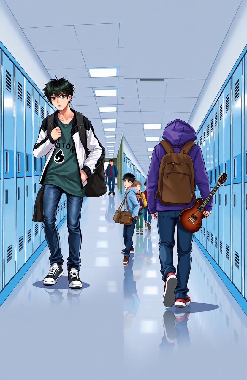 A split image featuring two book covers side by side, both depicting the same school corridor with blue lockers lining the sides and fluorescent lighting overhead