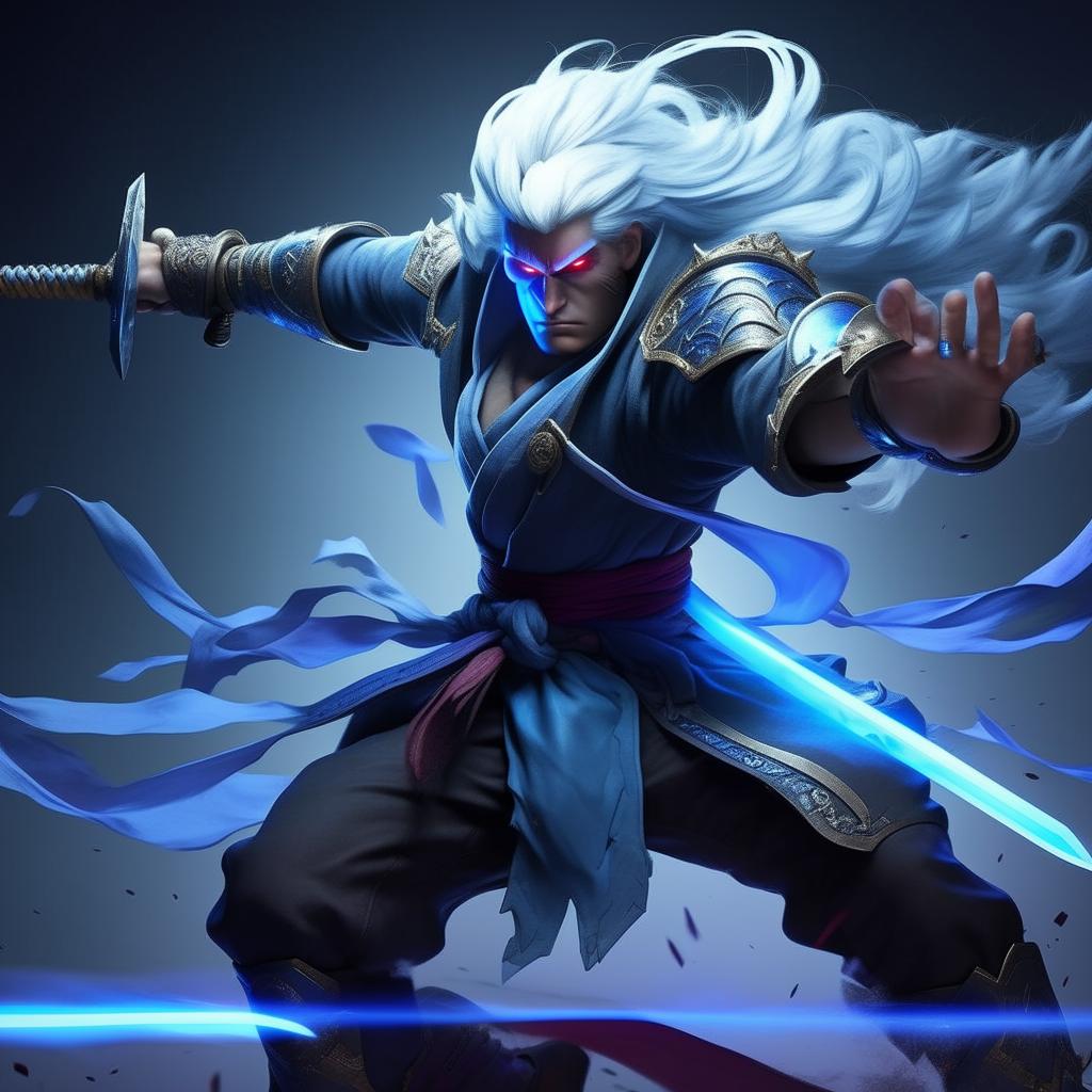 Master Yi, the powerful swordsman from League of Legends, in dynamic action pose with his glowing blue sword ready to strike.