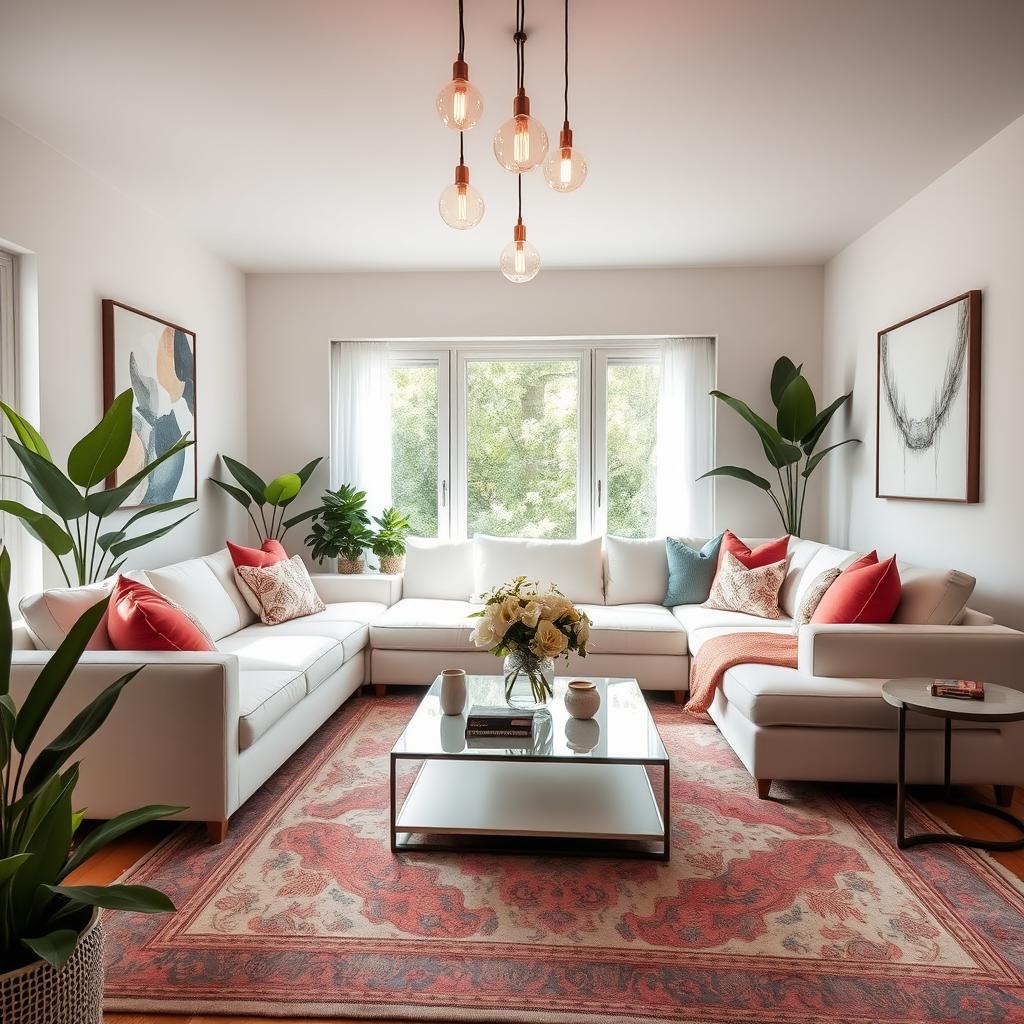 A beautifully redecorated living room showcasing a modern aesthetic, featuring a large white sectional sofa adorned with colorful throw pillows