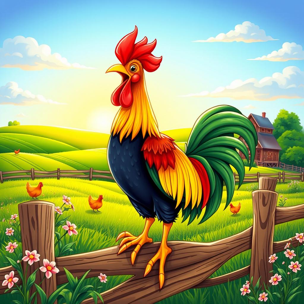 A vibrant and colorful illustration of a happy and lively rooster singing joyfully at dawn, surrounded by an idyllic farm setting