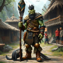 A full body depiction of a male half-orc shaman standing confidently in front view