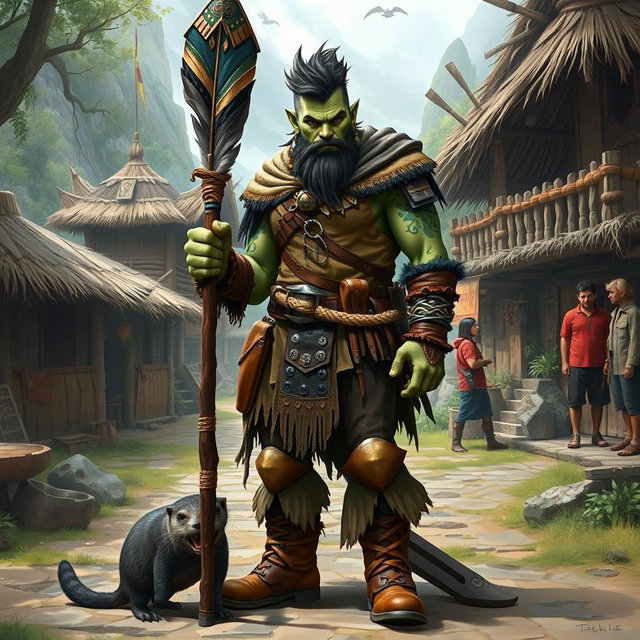 A full body depiction of a male half-orc shaman standing confidently in front view