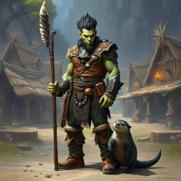 A full body depiction of a male half-orc shaman standing confidently in front view