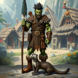 A full body depiction of a male half-orc shaman standing confidently in front view