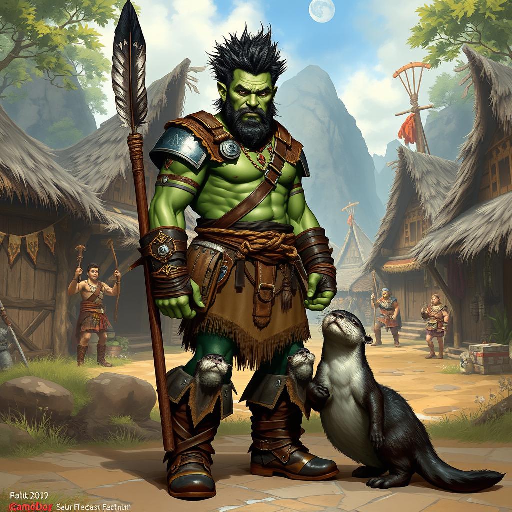 A full body depiction of a male half-orc shaman standing confidently in front view