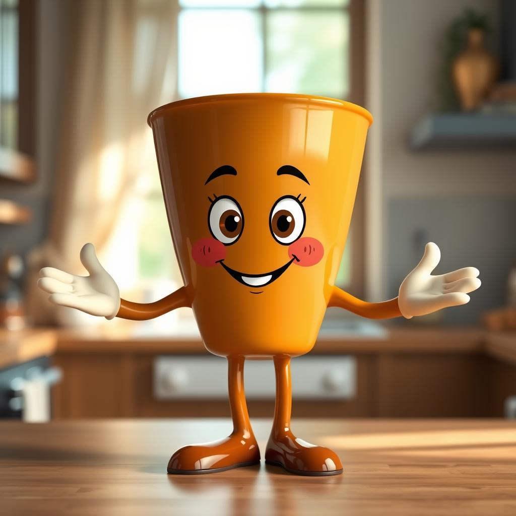 A whimsical character that resembles a coffee cup with human-like legs and arms