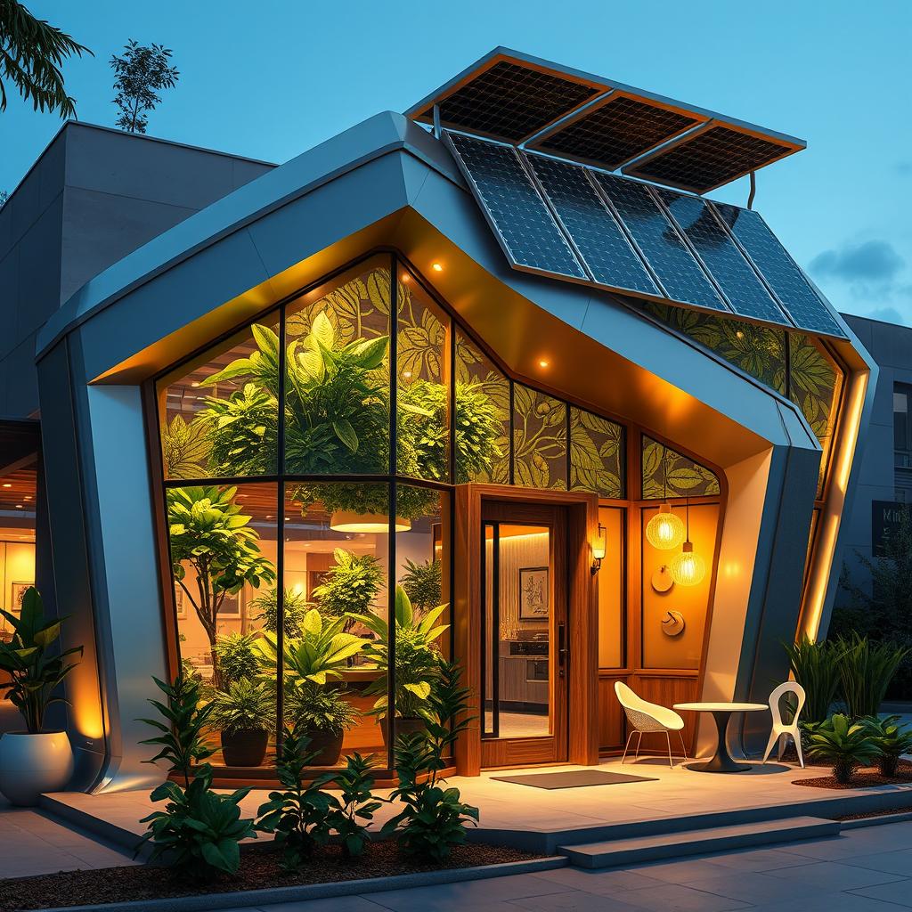A futuristic design of a typical coffee house facade, featuring sleek, angular shapes and a mix of glass and metallic surfaces